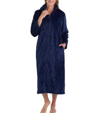 Miss Elaine Women's Long Zip-Front Fleece Robe - Midnight Blue Size M 21279